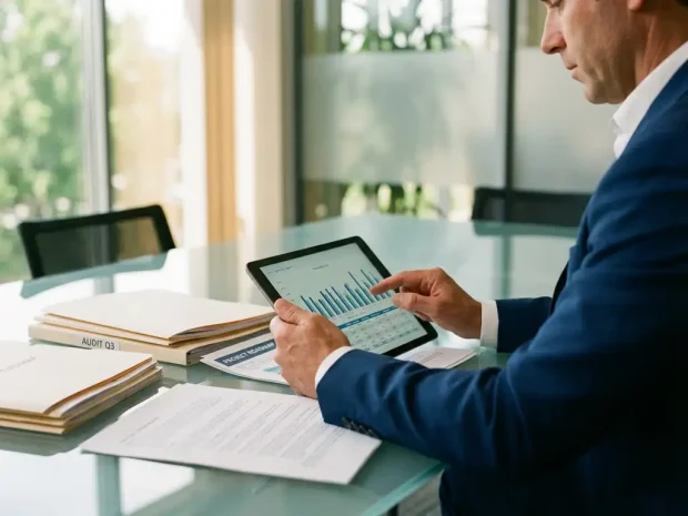 Zakelijke consultant in marineblauw pak bekijkt voortgangsrapport op tablet aan glazen vergadertafel met documenten