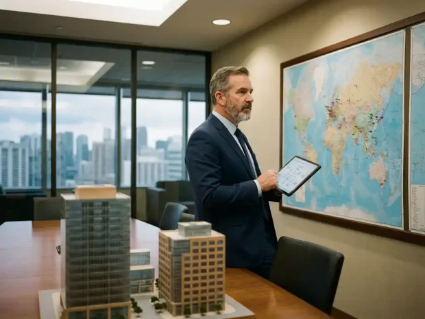 Zakelijke directeur met tablet bij wandkaart met locatiepins en kantoormodellen op vergadertafel