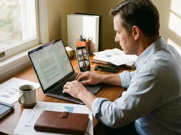 Zakelijke consultant werkt op laptop in moderne thuiswerkplek met videogesprek op smartphone en documenten op bureau