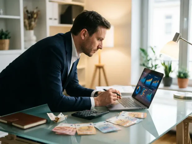 Zakenman analyseert financiële grafieken op laptop met eurobiljetten en calculator op bureau