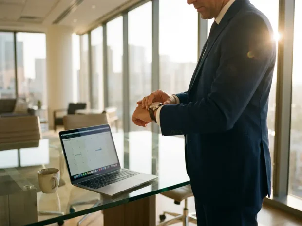 Zakenman in marineblauw pak controleert luxe horloge naast moderne glazen vergadertafel met laptop in kantoor