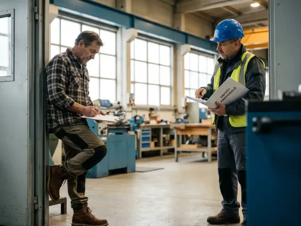 Freelance aannemer in werkschoenen ondertekent document op klembord bij ingang van industriële werkplaats, manager controleert veiligheidsprotocollen.