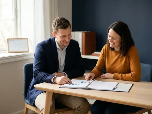 Adviseur en ondernemer bespreken gestructureerd document aan modern bureau, warme samenwerking in natuurlijk zijlicht.