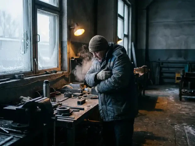 Fabriekswerker in dikke winterjas die zich warm houdt aan een industriële werkbank, adem condenserend in de koude lucht.