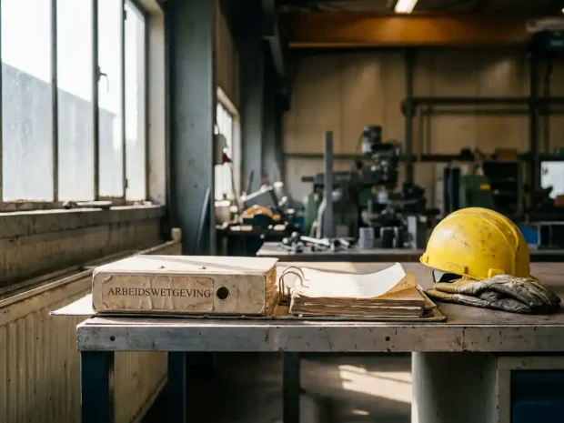 Versleten arbeidswetgeving ringband open op industriële werktafel, met gele veiligheidshelm en werkhandschoenen in natuurlijk licht.
