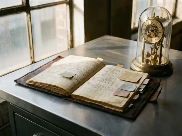 Versleten leren auditkalender opengeslagen op industrieel bureau, met mechanisch klokuurwerk en gekleurde sticky notes bij terugkerende intervallen.