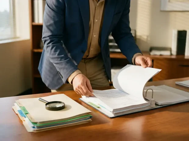 Kwaliteitsauditor bestudeert compliance-documenten in open ordner op kantoor, met vergrootglas en kleurgecodeerde certificeringsmappen.