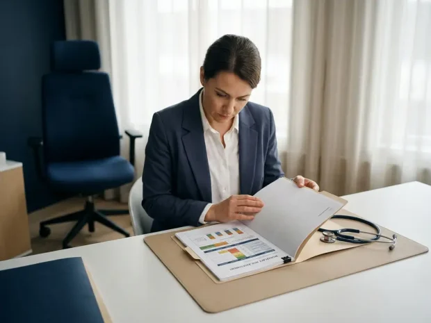Bedrijfsarts bestudeert risico-inventarisatie rapport aan modern bureau met stethoscoop, verlicht door natuurlijk raamlicht.