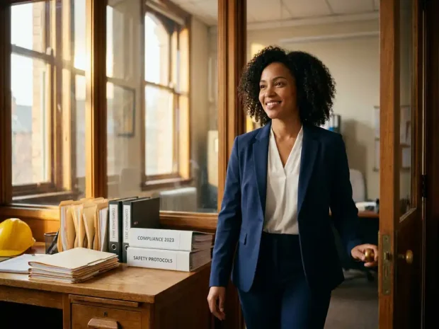 Professional in blazer stapt door kantooringang, op achtergrond bureau met compliance-mappen en bouwhelm, gouden daglicht.