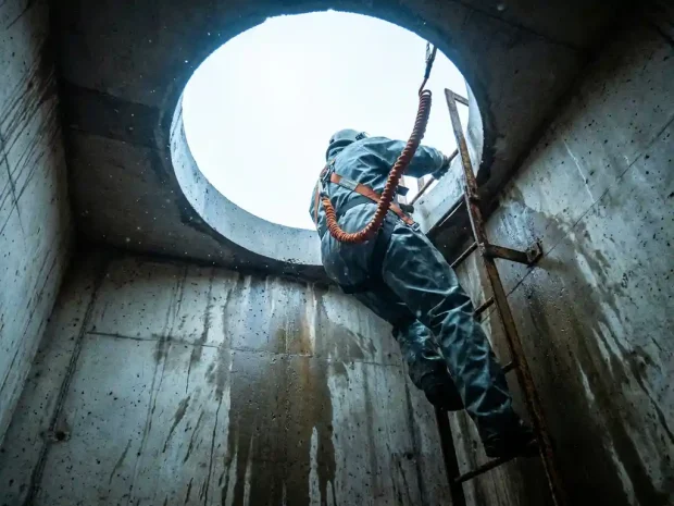 Veiligheidsmedewerker in beschermende uitrusting daalt via metalen ladder af in donkere besloten ruimte, veiligheidslijn omhoog naar verlichte opening.