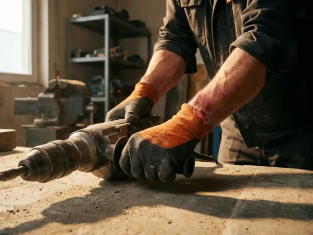 Behandschoende handen die een zware trilboor op beton vasthouden, met gerode huid zichtbaar onder een versleten veiligheidshandschoen.
