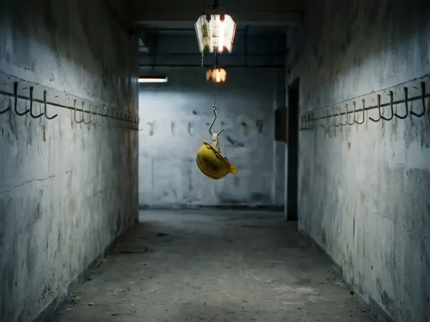 Gele bouwhelm aan een lege kapstokhaak in een verlaten industriële gang met betonnen muren en tl-verlichting.