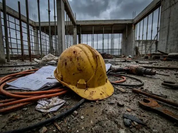 Versleten gele bouwhelm op chaotische bouwplaatsvloer tussen veiligheidsdocumenten, kabels en onbeheerd gereedschap.