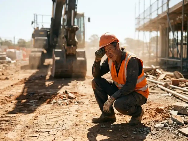 Bouwvakker in veiligheidsvest veegt zweet van zijn voorhoofd op een zonnige bouwplaats met gebarsten aarde en zwaar materieel.
