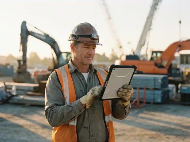 Bouwvakker met helm en veiligheidsvest bekijkt digitale tablet op bouwplaats in warm ochtendlicht.