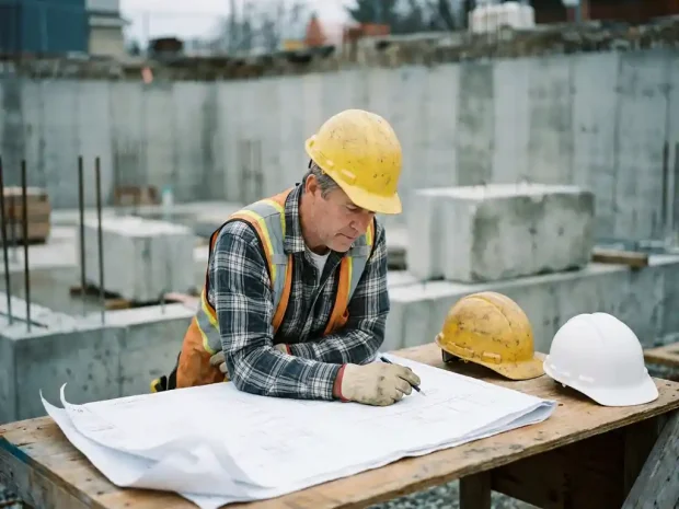Veiligheidscoördinator met witte helm bestudeert bouwblauwdrukken op een bouwplaatsbureau, versleten gele helm ernaast, betonnen fundering op achtergrond.