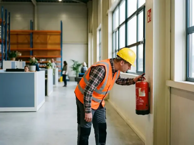 Veiligheidsinspecteur met helm en vest controleert brandblusser op muur in Nederlands kantoorpand.