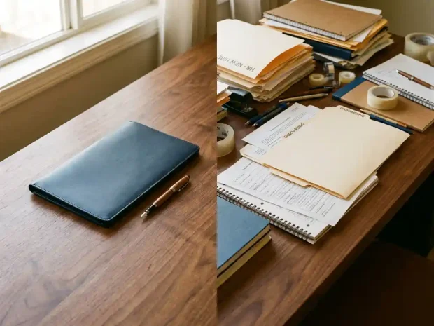 Houten bureau met leren portfolio en pen naast stapel HR-onboardingmappen en kantoorbenodigdheden, warm amberkleurig licht.