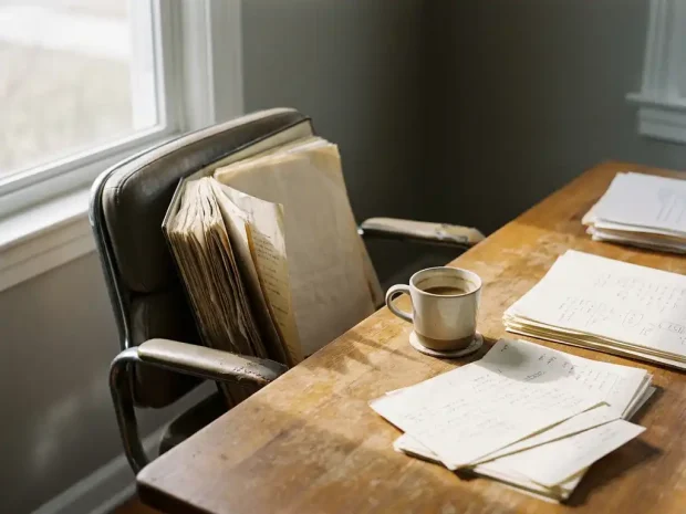 Versleten houten bureau met opengeslagen operationeel handboek, lege bureaustoel en afkoelende koffie in zacht natuurlijk daglicht.
