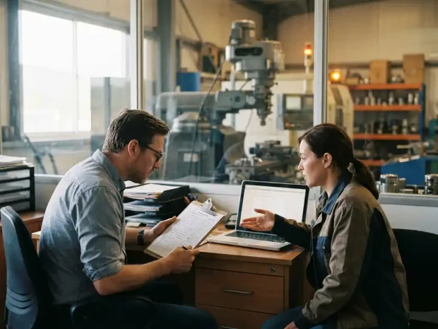 Consultant en mkb-ondernemer bespreken gestructureerde checklist op klembord bij laptop in industrieel kantoor.