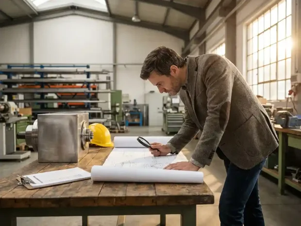 Consultant in smart-casual kleding bestudeert technische schematekening op werktafel, omringd door veiligheidshelm en industriële materialen.