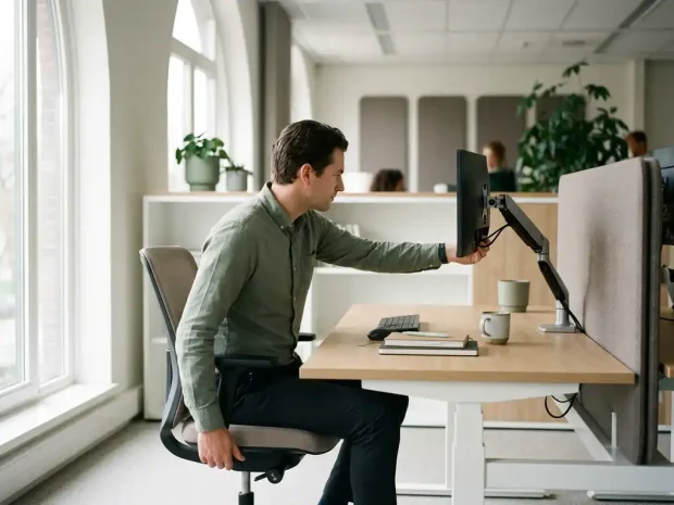 Medewerker stelt ergonomische bureaustoel en monitorhoogte in op een opgeruimde werkplek in een modern Nederlands kantoor.