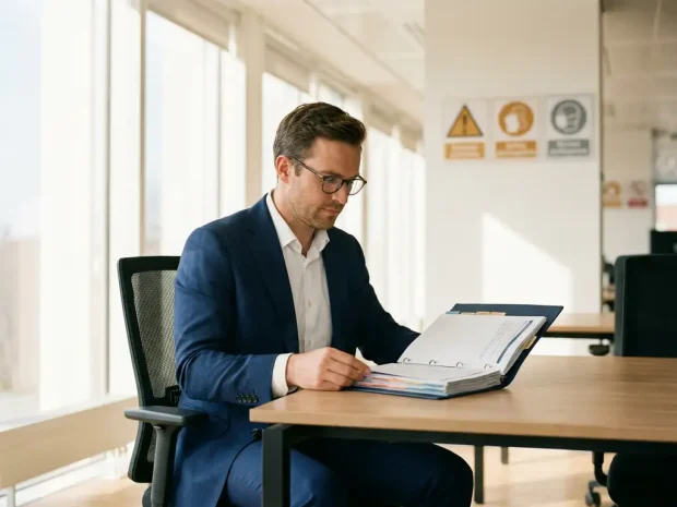 Consultant bekijkt documentmap aan modern bureau in Nederlands mkb-kantoor, veiligheidssignalering zichtbaar op achtergrond.