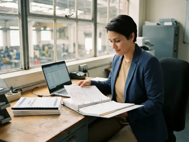 Externe consultant bestudeert kwaliteitsmanagement-ringband op industrieel bureau met veiligheidsdocumentatie en laptop.