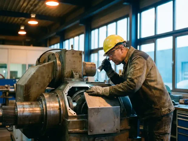 Fabrieksmedewerker met helm inspecteert industriële machine op Nederlandse werkvloer, controleert veiligheidsbehuizingen en mechanische onderdelen.