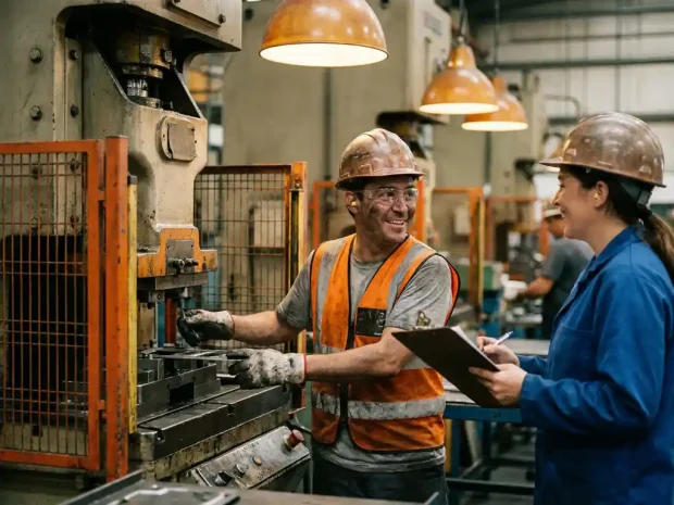 Fabrieksmedewerker in veiligheidsuitrusting bespreekt werkzaamheden met collega op de werkvloer naast industriële machines.
