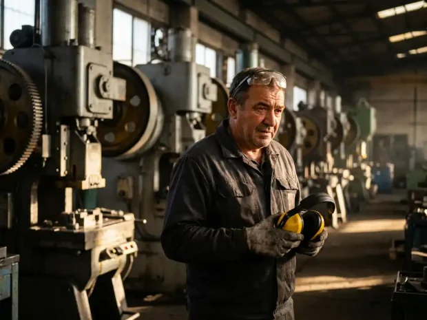 Fabrieksmedewerker houdt gele gehoorbescherming vast bij lawaaiige industriële machines op een zware productievloer.