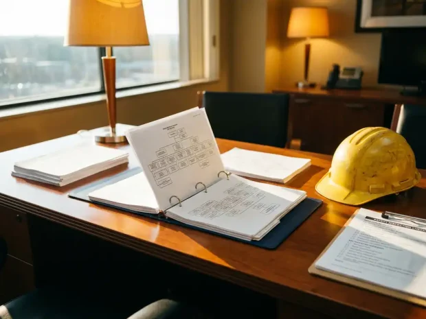 Twee bedrijfsorganogrammen die samensmelten tot één map op een bureautafel, met een gele bouwhelm en inspectieklembord ernaast.