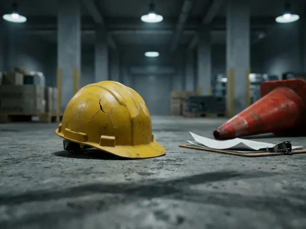 Gebarsten gele veiligheidshelm op betonnen vloer naast omgevallen waarschuwingskegel en klembord, industriële omgeving.