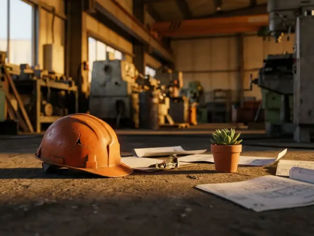 Gebarsten veiligheidshelm op betonvloer naast omgevallen klembord met documenten en groene potplant in industriële werkplaats.