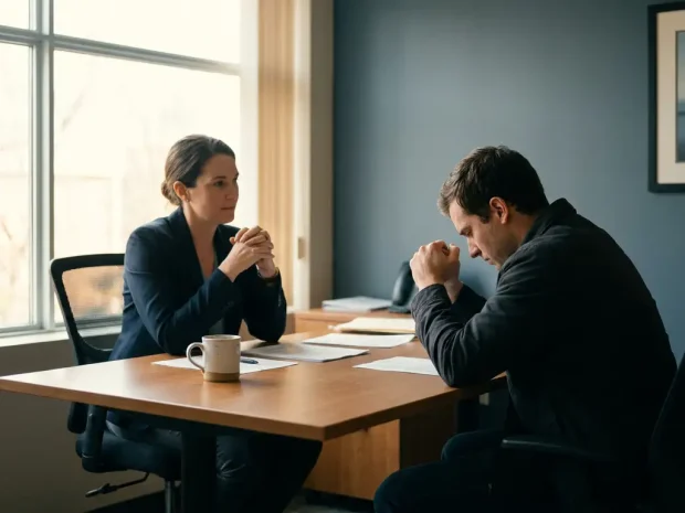 Manager en gespannen werknemer in gesprek aan kantoorbureau, omringd door papieren en een koffiekop, in warm natuurlijk licht.