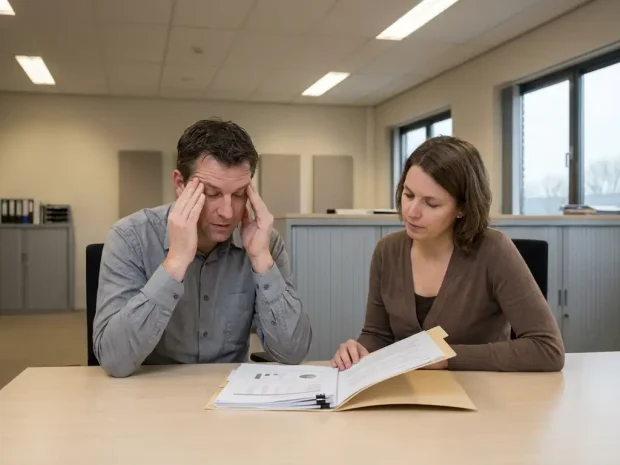 Gespannen manager tegenover medewerker aan bureau met open personeelsdossier in modern kantoor.