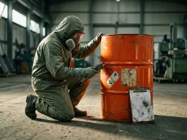 Hazmattechnicus in beschermend pak inspecteert oranje chemisch vat met gevarensymbolen op betonnen fabrieksv­loer.