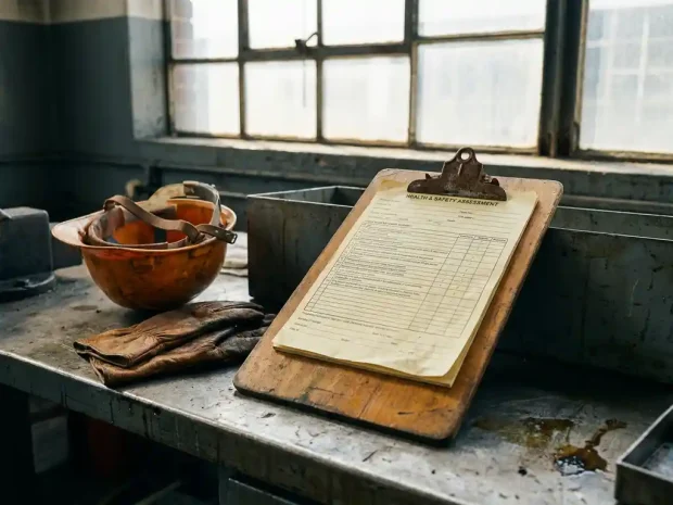 Versleten klembord met gezondheidsbeoordeling checklist op industriële werkbank, naast helm en veiligheidshandschoenen, zacht fabrieksraamlicht.