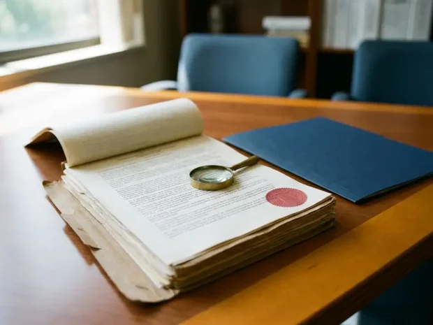 Officieel handhavingsdocument met rood zegel open op bureau, vergrootglas op regelgevingstekst, ongemarkeerde map op de achtergrond.