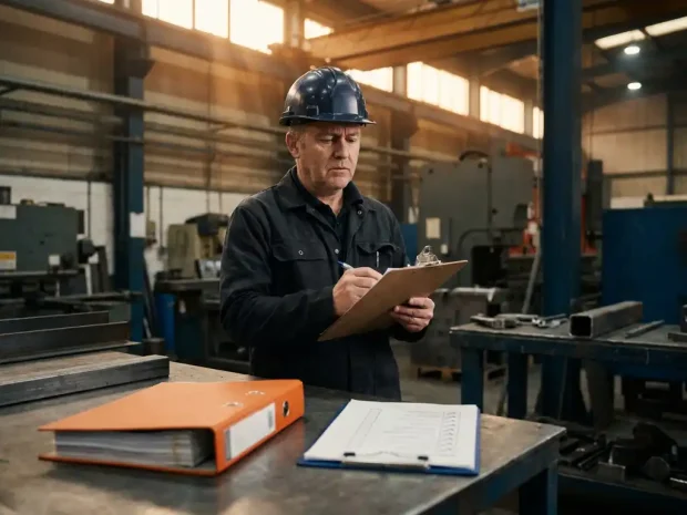 Strenge veiligheidscontroleur met helm en klembord op industriële werkvloer, veiligheidsdossier zichtbaar op metalen werkbank.
