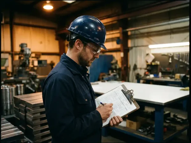 Ingenieur met helm controleert technische inspectielijst op klembord in industriële werkplaats met machines op de achtergrond.