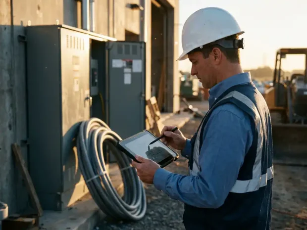 Interim adviseur met helm en zakelijk overhemd bekijkt tablet op actieve installatielocatie met elektrische panelen en leidingen op de achtergrond.