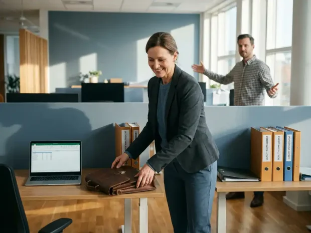 Interim adviseur in zakelijke kleding die aankomt op een modern mkb-kantoor met laptop, kwaliteitsmappen en open aktetas.