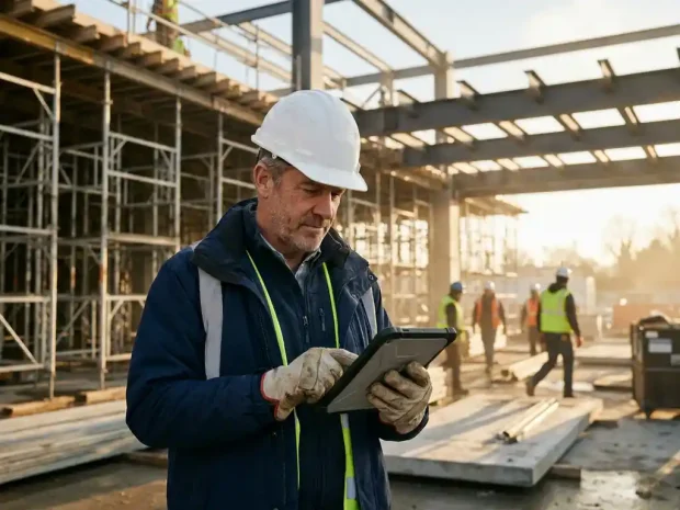 Interim manager met helm bekijkt tablet op bouwplaats, steigers en stalen balken op de achtergrond, gouden daglicht.