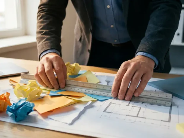 Interim manager legt architectuurliniaal over chaotische sticky notes op kantoorbureau, symboliseert structuur en planning.