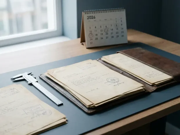 Opengevouwen leren documentmap met officieel gestempelde papieren en meetliniaal op modern bureau, kalender 2026 op achtergrond.
