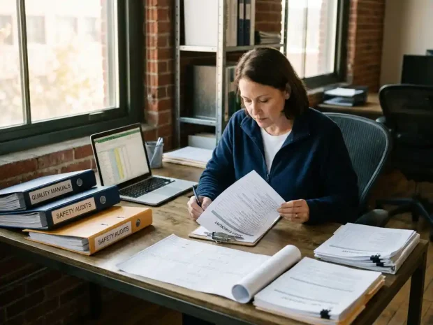 KAM-coördinator controleert auditchecklist op klembord aan industrieel bureau met kwaliteitsmanagement-mappen en laptop.