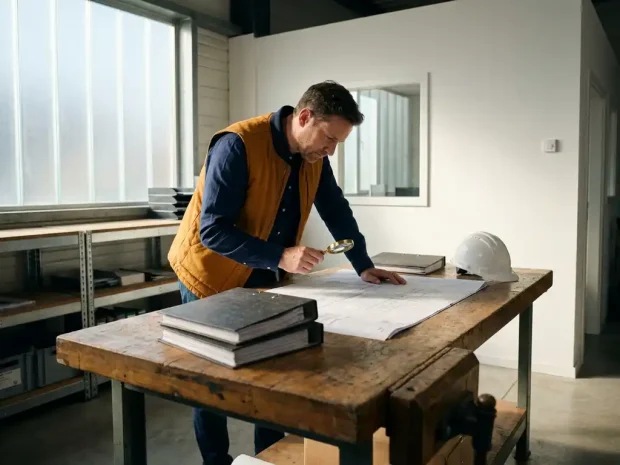 Kwaliteitsauditor onderzoekt technisch document met vergrootglas aan industriële werktafel, naast compliancemappen en veiligheidshelm.