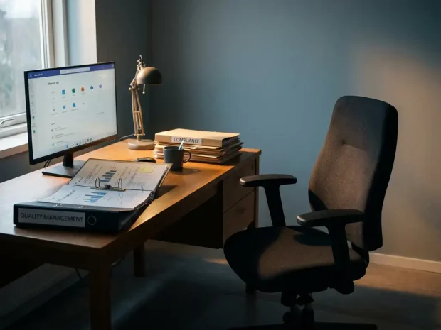 Lege ergonomische bureaustoel voor een bureau met een opengeslagen kwaliteitsmanagementmap, compliancemappen en een onaangeroerde koffiemok.