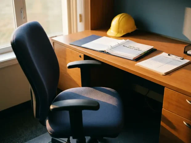 Ergonomische bureaustoel voor een opgeruimd bureau met kwaliteitsbeheer-ringband, veiligheidshelm en inspectielijsten in warm middaglicht.